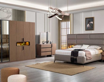 Braune Schlafzimmer Holz Möbel Textilbett Nachttische Kommode Schrank