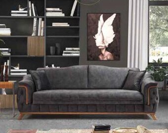 Sofa 3 Seater Sofas Seat Fabric Black Textile Upholstery Living Room Textile 3er