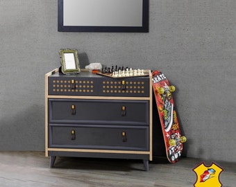 Jugendzimmer Kommode mit Spiegel Luxus Konsole Kommoden Möbel Blau Neu