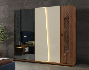 Schlafzimmer Kleiderschrank Schrank Holz Design braun Luxus LED Schränke