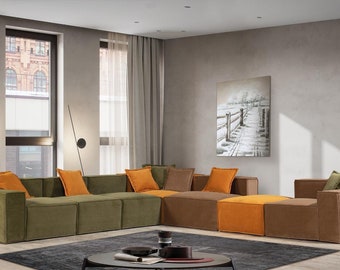Canapé d'angle en forme de L, salon moderne, JV Mobel, matériau vert, bois, Textile, Polyester