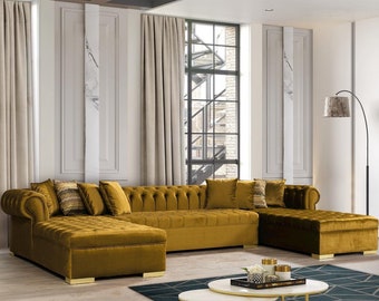 Chesterfield salon canapé d'angle canapé tissu velours doré canapé d'angle meubles