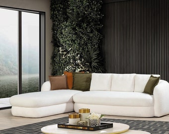 Canapé d'angle design en forme de L, revêtement textile de luxe pour salon, places blanches