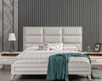 Weiße Schlafzimmer Garnitur Polster Doppelbett 2x Holz Nachttische 3tlg