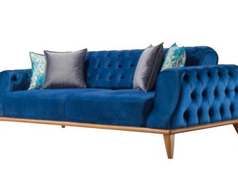 Sofa 3 Sitzer Blau Wohnzimmer Klassische Design Chesterfield Elegantes Stil Neu