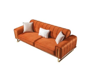 Sofa Orange 3 Sitzer Wohnzimmer Luxus Design Chesterfield Italienischer Stil