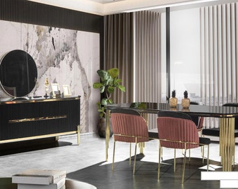 Luxus Esszimmer Essgarnitur Design Tisch Kommode 4x Stühle Gruppe 6tlg. Set Neu
