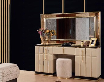 Dressing table chest of drawers with mirror console dressers wood modern bedroom 2 pieces.