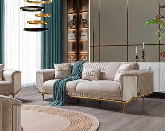 Luxury Sofa 3 Seater Living Room Beige Modern Design 234 cm Sofas Furniture