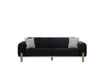 Moderner Schwarzer Dreisitzer mit Edelstahl Polster Couch Sofas Design