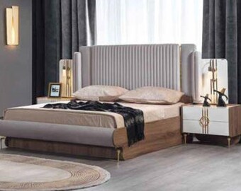 Modern bed luxurious design upholstered furniture bed frame made of real wood
