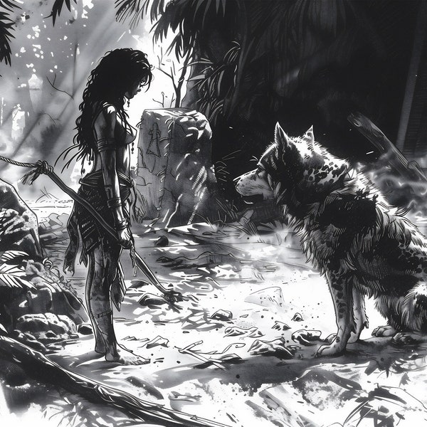 AI Art - Warrior and Wolf in the Primordial Woods