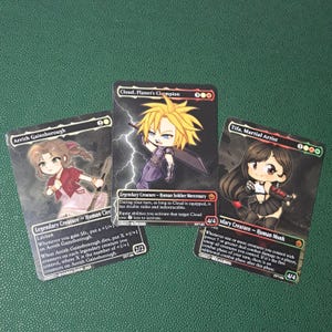 Chibi Final Fantasy VII Hero Set – Custom Magic the Gathering MTG Proxies Featuring Cloud Strife, Aerith Gainsborough, & Tifa Lockhart FF7