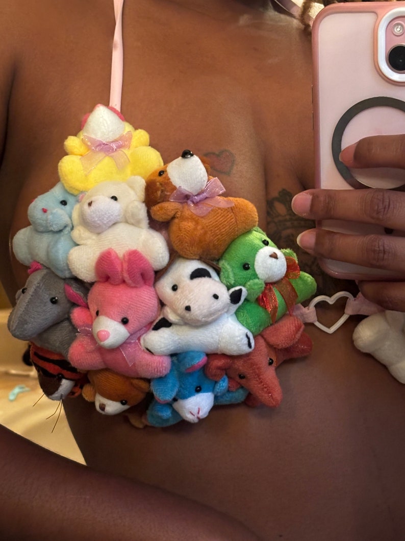May include: A unique bra made of various small plush toys in assorted colors, including yellow, white, pink, and blue. The bra is held together with pink straps.