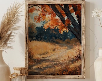 May include: A framed painting of a path through a forest with fall foliage. The painting is in a rustic wooden frame and is hanging on a white wall. There are two vases and a wicker basket on a wooden shelf below the painting.