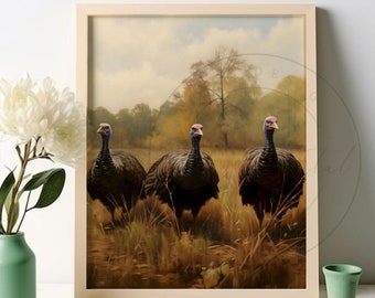 Pode incluir: Uma pintura emoldurada de três perus caminhando por um campo. Os perus são marrons e pretos com cabeças e barbelas vermelhas. O fundo é uma imagem desfocada de uma floresta com árvores no outono.