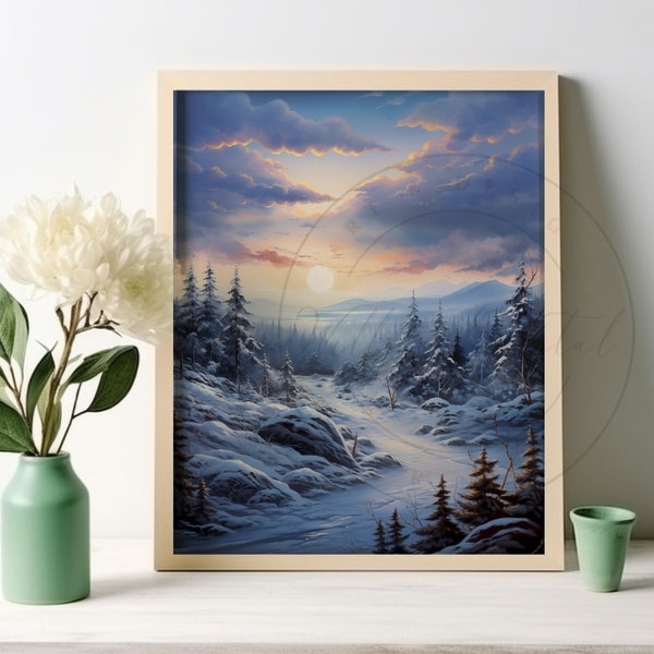 Winter Mountain Landscape Oil Painting Vintage Neutral Forest Country Landscape Art Print Farmhouse Wall Art Printable Digital Download 122v