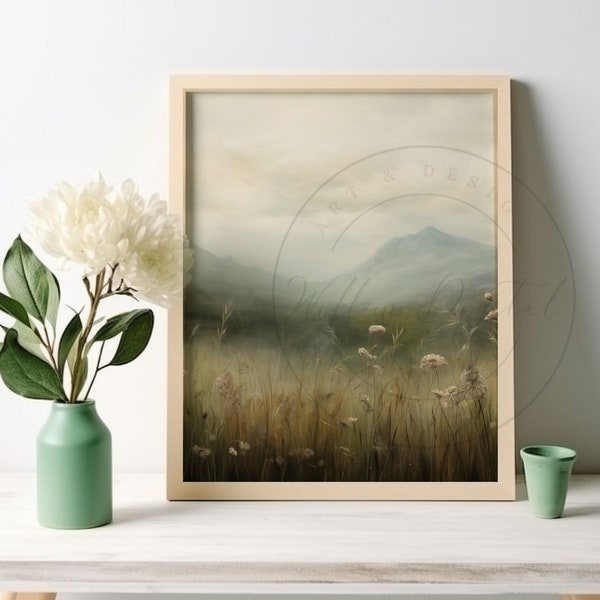 Printable Mountain Wildflower Landscape Oil Painting Vintage Neutral Forest Country Landscape Art Farmhouse Wall Art Digital Download 74v