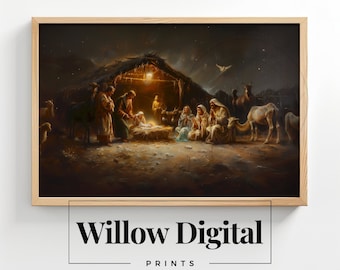 May include: A painting depicting the Nativity scene with a wooden frame. The scene is set at night with a star-filled sky and a stable with a manger.  The baby Jesus is in the manger with Mary and Joseph nearby.  There are animals and other figures in the scene.