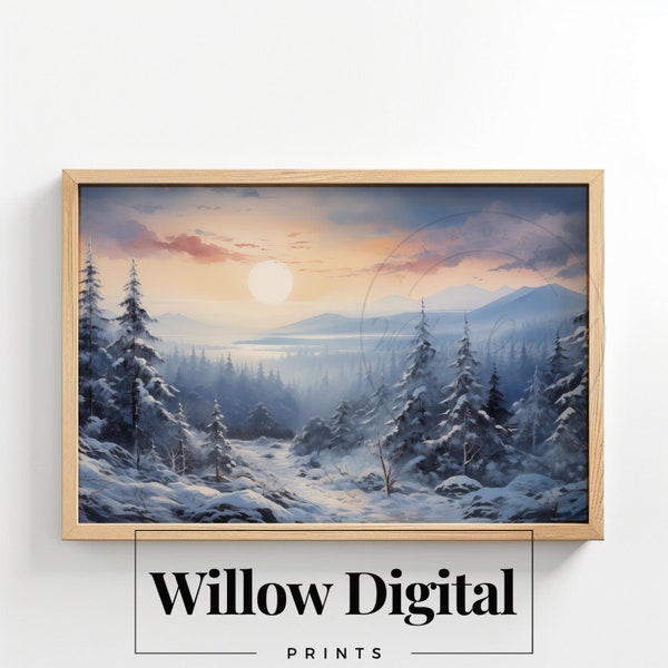 Winter Mountain Landscape Oil Painting Vintage Neutral Forest Country Landscape Art Print Farmhouse Wall Art Printable Digital Download 122h