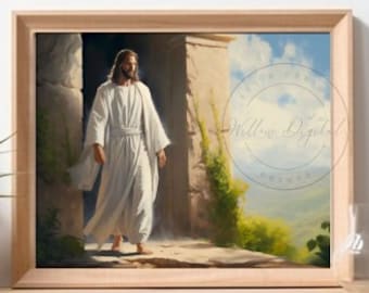 Jésus-Christ Résurrection Peinture à l'huile Oeuvre d'art chrétienne Écritures bibliques Sauveur, venez me suivre, il est ressuscité, impression d'art LDS 143 h