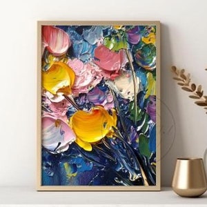Abstract Impasto Flower Art Print, Bold Palette Knife Painting, Colorful Textured Floral Wall Decor, Modern Home Art 206v