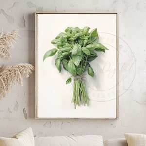 Puede incluir: Una pintura acuarela enmarcada de un manojo de hojas de albahaca verdes frescas sobre un fondo blanco.