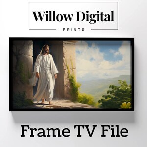 May include: A framed digital print of a painting depicting a man in a white robe walking through a doorway. The background shows a landscape with mountains and a blue sky.