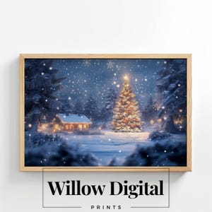 Christmas Cabin with Decorated Tree Winter Wonderland Holiday Art Oil Painting Vintage Digital 219h