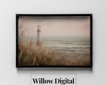 May include: A painting of a lighthouse on a foggy beach with tall grasses in the foreground. The sky is a soft pink and the ocean is a light blue. The lighthouse is white with a black roof.