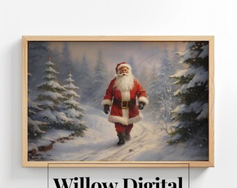 Christmas Santa Claus Walking Snowy Path Oil Painting Vintage