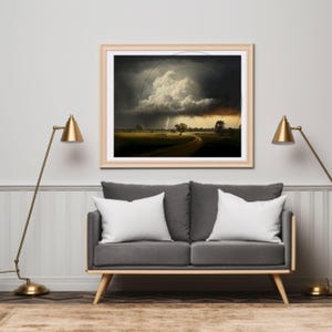 Lightning Storm Field Oil Painting Vintage Neutral Wildflowers Country Landscape Art Print Storm Farmhouse Wall Art Digital Download 181h