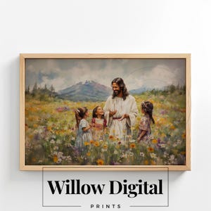 Jesucristo con niños Pintura al óleo Obra de arte cristiana Flores silvestres Escrituras bíblicas Salvador Impresión digital imprimible Arte SUD 201h