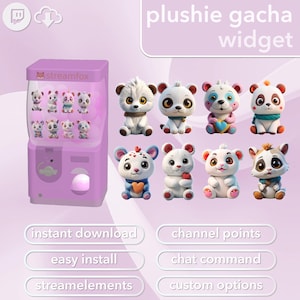 May include: A purple gumball machine-style widget with the text "streamfox" and "plushie gacha widget." The machine contains several small plushie bear figures. The image also includes text that says "instant download," "easy install," and "streamelements."