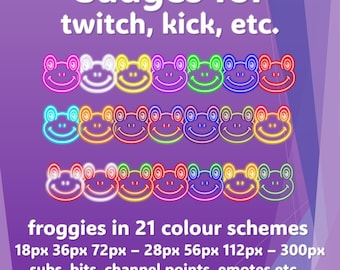 Emblemas de Sapo | Inscritos, Bits, Pontos do Canal | 21 Esquemas de Cores | Sete Tamanhos | Twitch Kick YouTube | PNG Transparente (Download Digital)