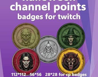 Emblemas de Pontos para Canal da Twitch com Tema de Halloween | Desenhos de Zumbi, Bruxa, Vampiro, Lobisomem e Fantasma | 112px, 56px, 28px e 300px | (Download Digital)