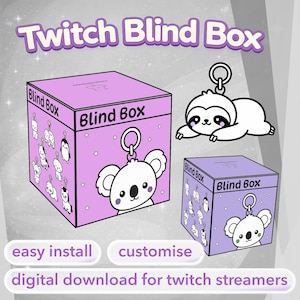 May include: A light purple "Twitch Blind Box" design with a koala and sloth charm. The box has the words "Blind Box" on it. The image also includes the words "easy install", "customise", and "digital download for twitch streamers".
