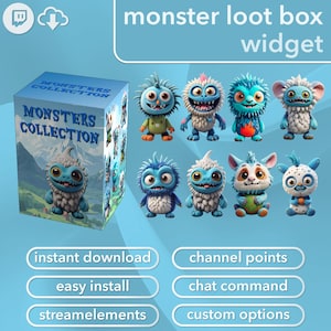 May include: A selection of vibrant monster figurines with diverse designs and expressions. The figurines are presented alongside a box marked "Monsters Collection." The image also features text that reads "monster loot box widget," and other text such as "instant download" and "channel points."