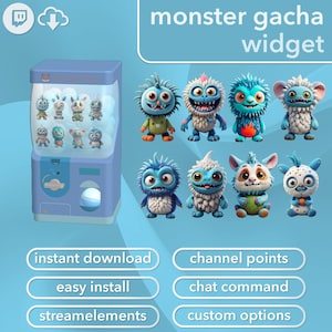 May include: A light blue gumball machine with various monster figurines inside and displayed next to it. The text "monster gacha widget" is at the top. Additional text includes "instant download", "easy install", "streamelements", "channel points", "chat command", and "custom options".
