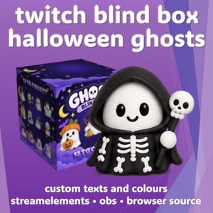 May include: A twitch blind box halloween ghosts product featuring a black hooded ghost figurine with a white skeleton print and a skull staff. The packaging box displays the text twitch blind box halloween ghosts, 12 to collect, and custom texts and colours streamelements obs browser source.