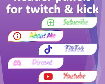 Twitch | Expulsar | Painéis de cabeçalho | Multicolorido | Inglês | Francês | Alemão | Tons pastel | Ícones (Download digital)