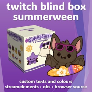 May include: A Twitch blind box Summerween product display featuring a cream-coloured box with the text Summerween 8 to collect, decorated with illustrations of a ghost, starfish, and sun. A brown bat wearing purple sunglasses holds a surfboard.