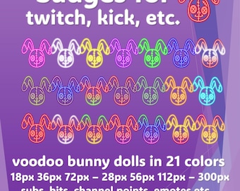 Emblemas de Coelho Voodoo | Inscritos, Bits, Pontos do Canal | 21 Esquemas de Cores | Sete Tamanhos | Twitch, Expulsão do YouTube | PNG Transparente (Download Digital)