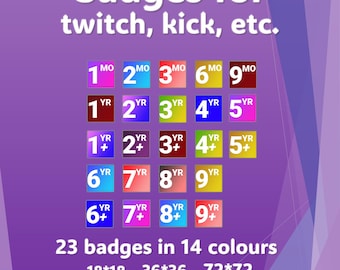 Emblemas de Sub em Estilo Quadrado | Twitch, Expulsão e YouTube | Fácil Leitura em 18px | PNG Transparente Multicolorido (Download Digital)
