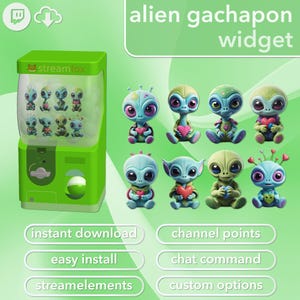 Puede incluir: Una máquina de chicles verde con figuras de extraterrestres. La máquina tiene una cúpula transparente que muestra varios diseños de extraterrestres. Se muestran nueve figuras de extraterrestres diferentes, cada una sosteniendo un corazón. El texto en la imagen incluye "alien gachapon widget".