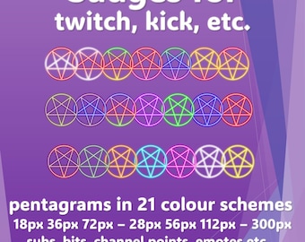 Emblemas de Pentagrama | Inscritos, Bits, Pontos do Canal | 21 Esquemas de Cores | Sete Tamanhos | Twitch Kick YouTube | PNG Transparente (Download Digital)