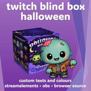 Op de afbeelding: Een vierkante paarse doos met het label twitch blind box halloween met de tekst 12 to collect en een cartoon zombiefiguur met een groen gezicht, roze hersenen en bruine gescheurde kleding voor de doos op een paarse achtergrond.