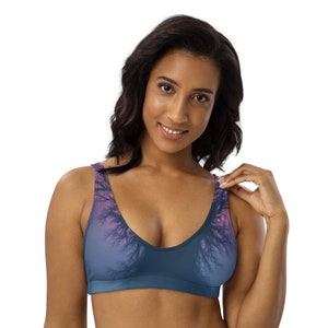 Mystical Halloween Recycled Padded Bikini Top | Dark Purple Swimwear with Enchanting Eyes | Eco-Friendly High-Waisted Top