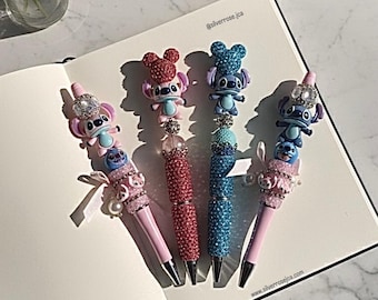 Custom Stitch and Angel Bling Beadable pen | rhinestone disney-inspired character pen | kawaii stationery gift for her | sparkly handmade