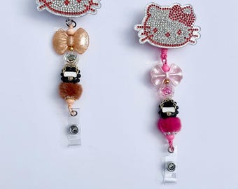Hello Kitty-bricka med strass | Söt sjuksköterskebricka | Pärlbesatt ID-bricka | Infällbar bricka med klämma för kokett | Lärare, sjuksköterska och sjukvård